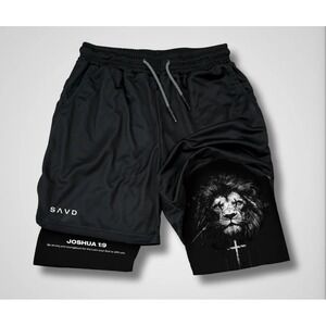 SAVD Mens 2 in 1 Athletic Shorts Black Size S Joshua 1:9 Lion Inner Compression